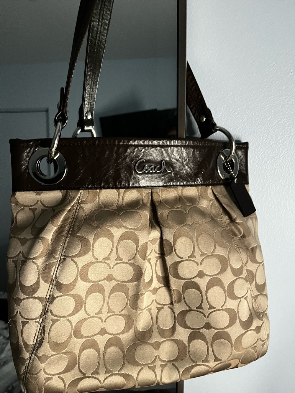 Coach Beige Signature Canvas Shoulder Bag with Brown Leather Trim